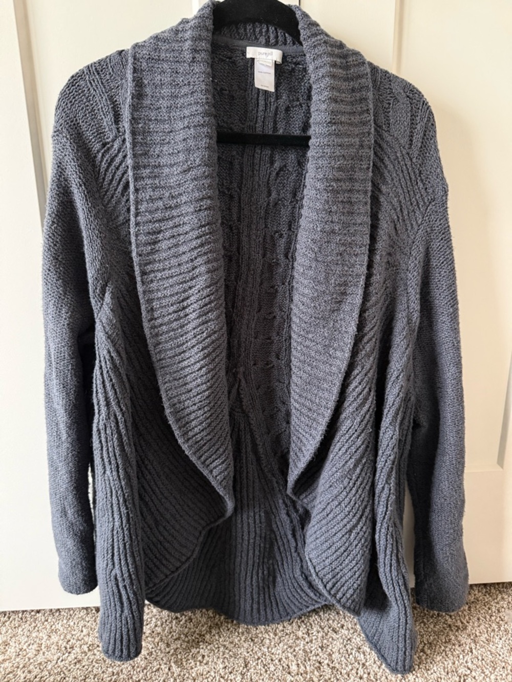 Pure Jill Cotton Cable Knit Shawl Collar Open Cardigan - Blue Gray